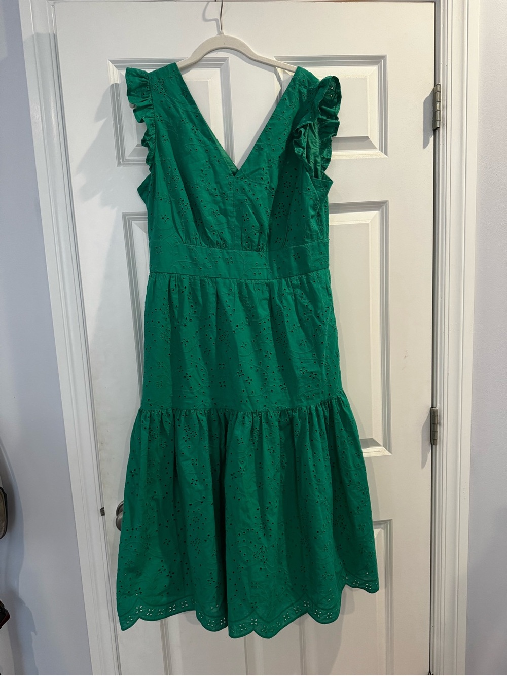 Maggy London Green Eyelet Ruffle V-Neck Midi Dress